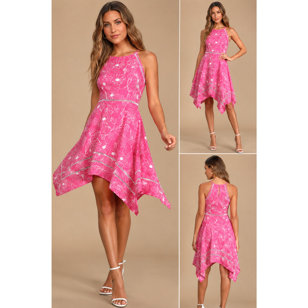 Lulus Bahama Mama Linen Dress Women XL Pink Floral Asymmetrical Handkerchief Hem